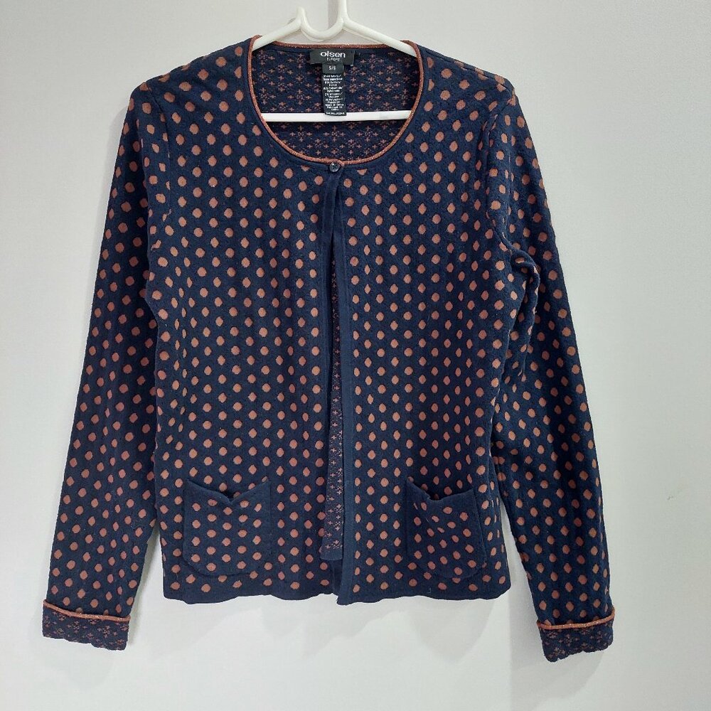 Olsen Polka Dot Cotton Cardigan Open front Front Patch Pockets Sz S Navy